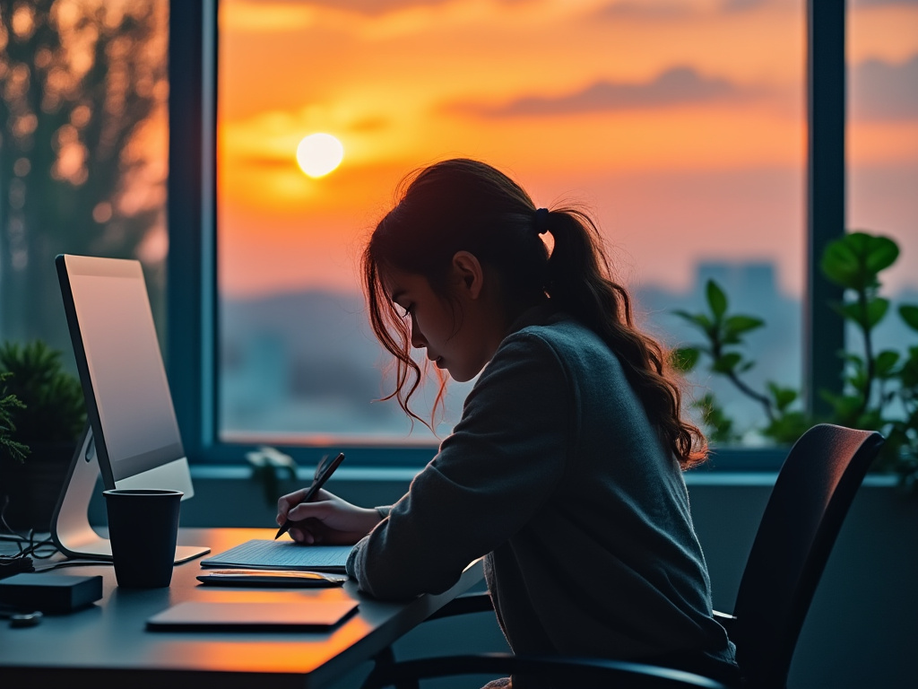 夕暮れの机に向かう姿 — 夢中な人間は、時間が消えている
